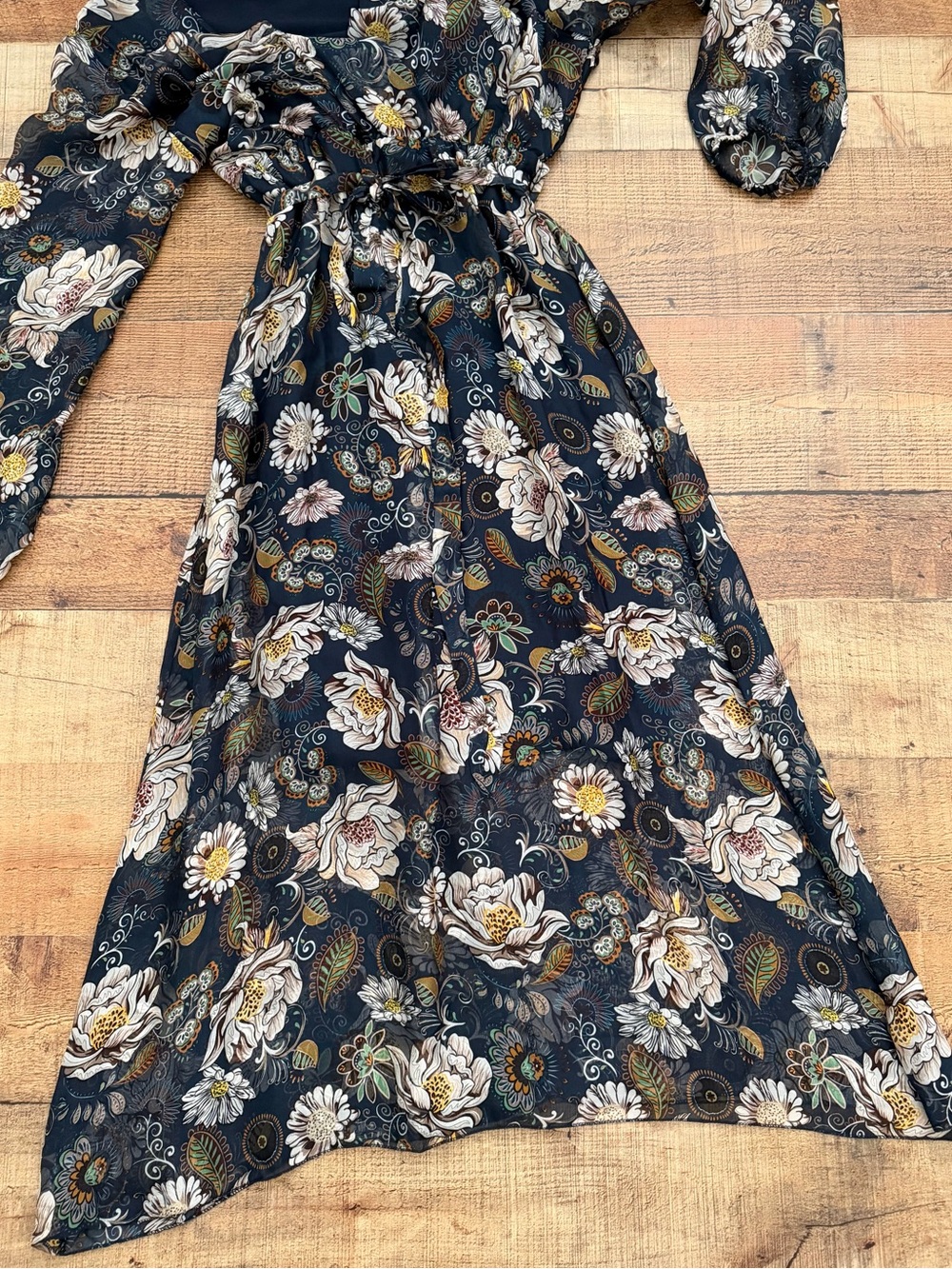 Floral Wrap Midi Dress Silk Blend Navy and Cream Wedding Guest - Picture 4 of 11
